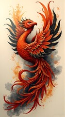 Fototapeta premium Vivid Red and Black Phoenix Illustration with Fiery Plumes and Dark Smoke Artistic Fantasy Creature