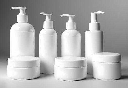 Digitally rendered isolated collection of unbranded white cosmetic packaging, showcasing diverse pump bottles and round cream jars, an ideal AI-generated asset for virtual product showcases and market