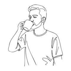 Vector line art of a man drinking coffee from a mug, minimalist continuous line drawing, black outline illustration for coffee culture or modern cafe branding