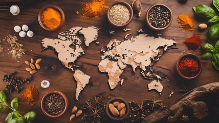 Herbs, spices, and seeds creatively arranged into a world map, symbolizing global cuisine, culinary connection, cultural diversity, and the flavors of the world