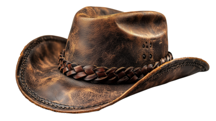 Realistic brown leather cowboy hat with a smooth yet rugged appearance and elegant braid line on transparent background