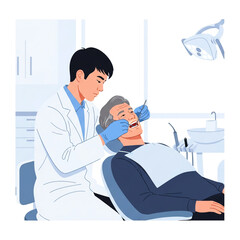 A dentist in a white coat and blue gloves examines an elderly patient lying in a dental chair under a bright examination light.
