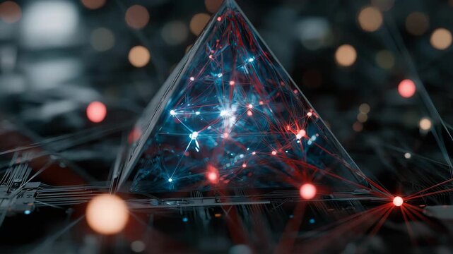 Pyramid made of lights and wires. The lights are red and blue. abstract triangle brain made of circuits, with qbit spheres entangled in glowing light threads, quantum ai development