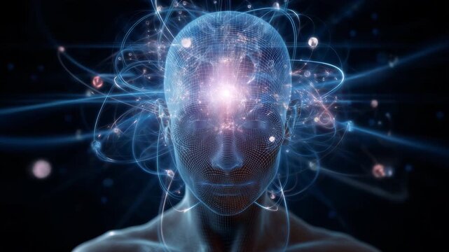 Man's head is shown in a blue and purple color scheme. The head is surrounded by a lot of stars. AI hologram head entangled in photon wave beams, surrounded by qbit icons, quantum ai development