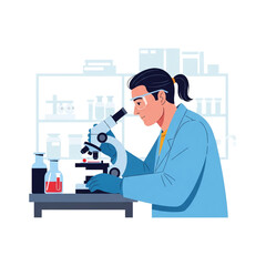 Scientist in lab coat and gloves uses a microscope, conducting research with beakers and equipment in the background.