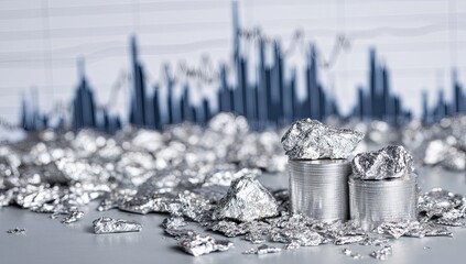 Silver rocks and metal pieces in front of a financial chart