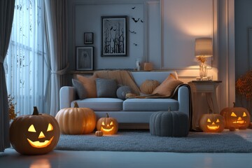 Living Room Halloween. Classic Halloween Decoration with Jack-o-Lantern in Spooky Living Room Setting