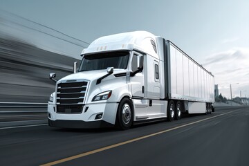 Long Haul Truck. White Big Rig Truck Speeding on Freeway with Cargo Trailer