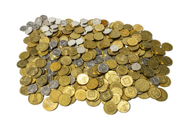 Money. A pile of coins of different denominations lies on a transparent background. All money is new Israeli shekels on a transparent background.