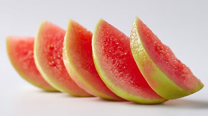Close up of five guava fruit slices arranged in a row on a white background surface