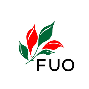 FUO Minimalist Red and Green Leaf Logo Design with FUO  Text, FUO Later Logo, Modern Nature Inspired Logo with Red and Green Leaves. 

