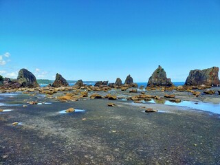 串本橋杭岩の青い空と干潮の海辺