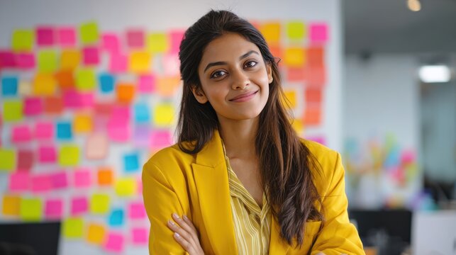  A photograph of an Indian woman with long hair, wearing business attire and smiling while standing in front of her desk covered by colorful post-it notes. 