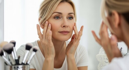 A mature woman examines her facial skin in the mirror, checking for signs of aging and beauty