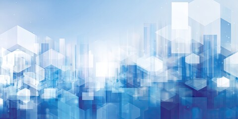 Abstract cityscape of translucent cubes and hexagons in cool blue and white tones