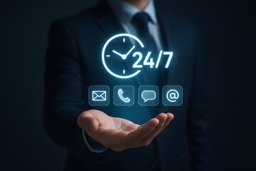 Businessman offering 24 hours 7 days support with glowing digital communication icons representing customer service, contact availability, and nonstop assistance