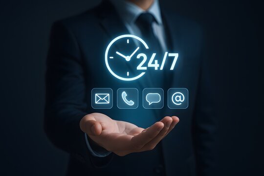 Businessman offering 24 hours 7 days support with glowing digital communication icons representing customer service, contact availability, and nonstop assistance - Powered by Adobe