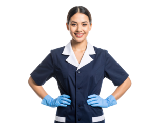 A confident young woman in a navy blue uniform and blue gloves stands with hands on hips, smiling directly at the camera.