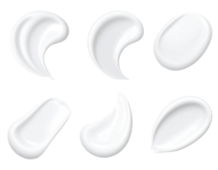 Six white cream or lotion swatches in various shapes and textures, arranged in two rows.