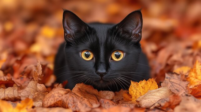 Black cat sitting among fallen autumn leaves. Mysterious and atmospheric Halloween-themed illustration perfect for seasonal, and festive visual content