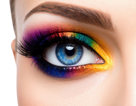 Close-up of a blue eye with vibrant, rainbow-colored eyeshadow and long, thick eyelashes against a smooth skin background.