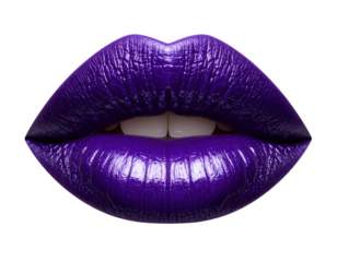 Shiny lips painted in vibrant metallic purple with subtle highlights and visible natural texture.
