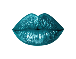 Glossy lips painted in metallic teal with detailed texture and shine, prominently shaped and slightly parted.