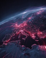 Europe, global network, vibrant red lines connect cities on a dark, detailed Earth