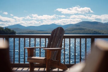 Wooden Adirondack chair on a lakeside deck