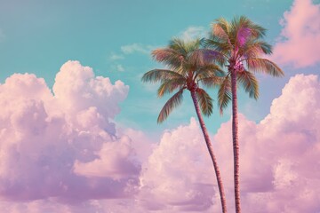 Miami Party. Tall Palm Trees in Gradient Pink and Blue Sky with Fluffy Clouds