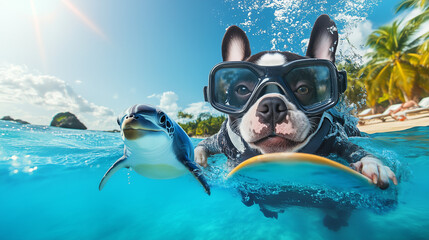 A Boston terrier wearing oversized scuba diving gear and giant goggles slipping off his face, summer vacation vibes