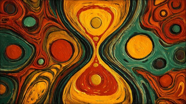 Abstract hourglass with organic textures and vibrant colors symbolizing biological time rhythms, natural cycles, and the passage of life. Surreal conceptual artwork merging scientific illustration 