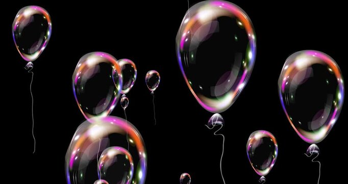 Realistic air helium balloons fly up. Upward movement colorful air transparent balloons on black. Party decorations for birthday, anniversary, celebration. 4k loop video graphic animation