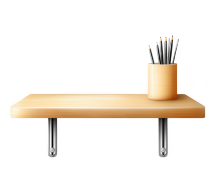 Wooden shelf with pencils in a cup isolated on transparent background