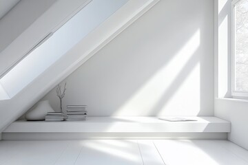 Fototapeta premium A white room with a window and a shelf with books. The room is empty and has a minimalist feel. Stylish white attic bedroom corner.