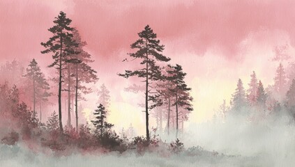 Misty forest at dawn, painted in soft rose and grey hues