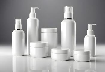 Digitally rendered isolated collection of unbranded white cosmetic packaging, showcasing diverse pump bottles and round cream jars, an ideal AI-generated asset for virtual product showcases and market