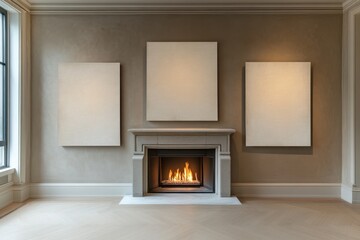 Living room with a fireplace and three white picture frames on the wall. Three empty canvases on beige wall with modern living room fireplace.