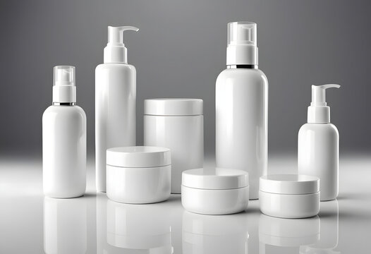 Digitally rendered isolated collection of unbranded white cosmetic packaging, showcasing diverse pump bottles and round cream jars, an ideal AI-generated asset for virtual product showcases and market