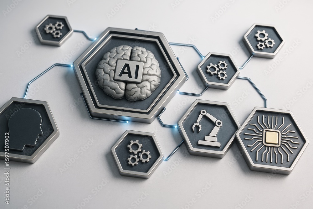 Poster artificial intelligence icons showing brain, robotics, microchip, and gears in hexagonal design on l