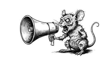 Fototapeta premium Black and white sketch of a zombie mouse with a megaphone. Zombie animal screaming into megaphone — hand-drawn illustration for Halloween 2025 design, engraving or woodcut SVG. Scalable