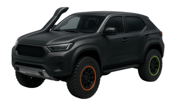 Off-road rally car with snorkel intake and protective underbody paneling