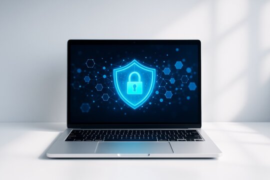Cybersecurity shield icon glowing on laptop screen with hexagonal tech graphics on dark interface, on white desk with shadowed light background.