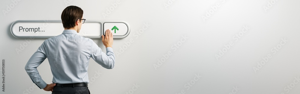 Poster businessman pressing a futuristic prompt button with arrow symbol on a clean tech interface backgrou