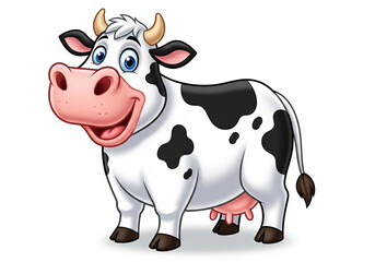 A friendly black and white cartoon cow with a happy expression and pink udder