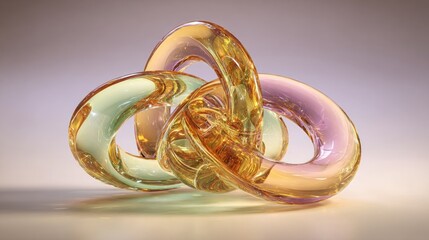 Intertwined rings of translucent glass art.