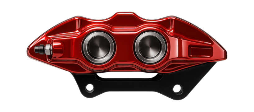 Red brake caliper with dual pistons and a glossy finish