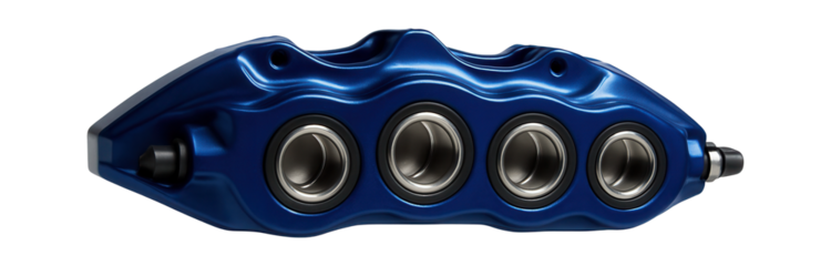 Blue brake caliper with six pistons and a metallic sheen