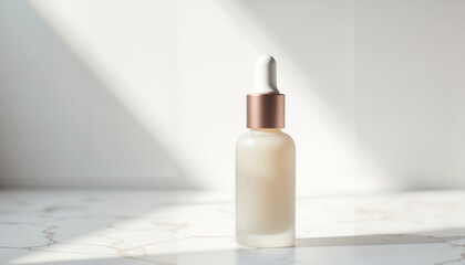 Elegant serums bottle with dropper placed on a marble surface illuminated by natural light