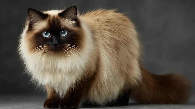 Elegant Full-Length Portrait of a Fluffy Birman Cat with Blue Eyes in Studio Setting